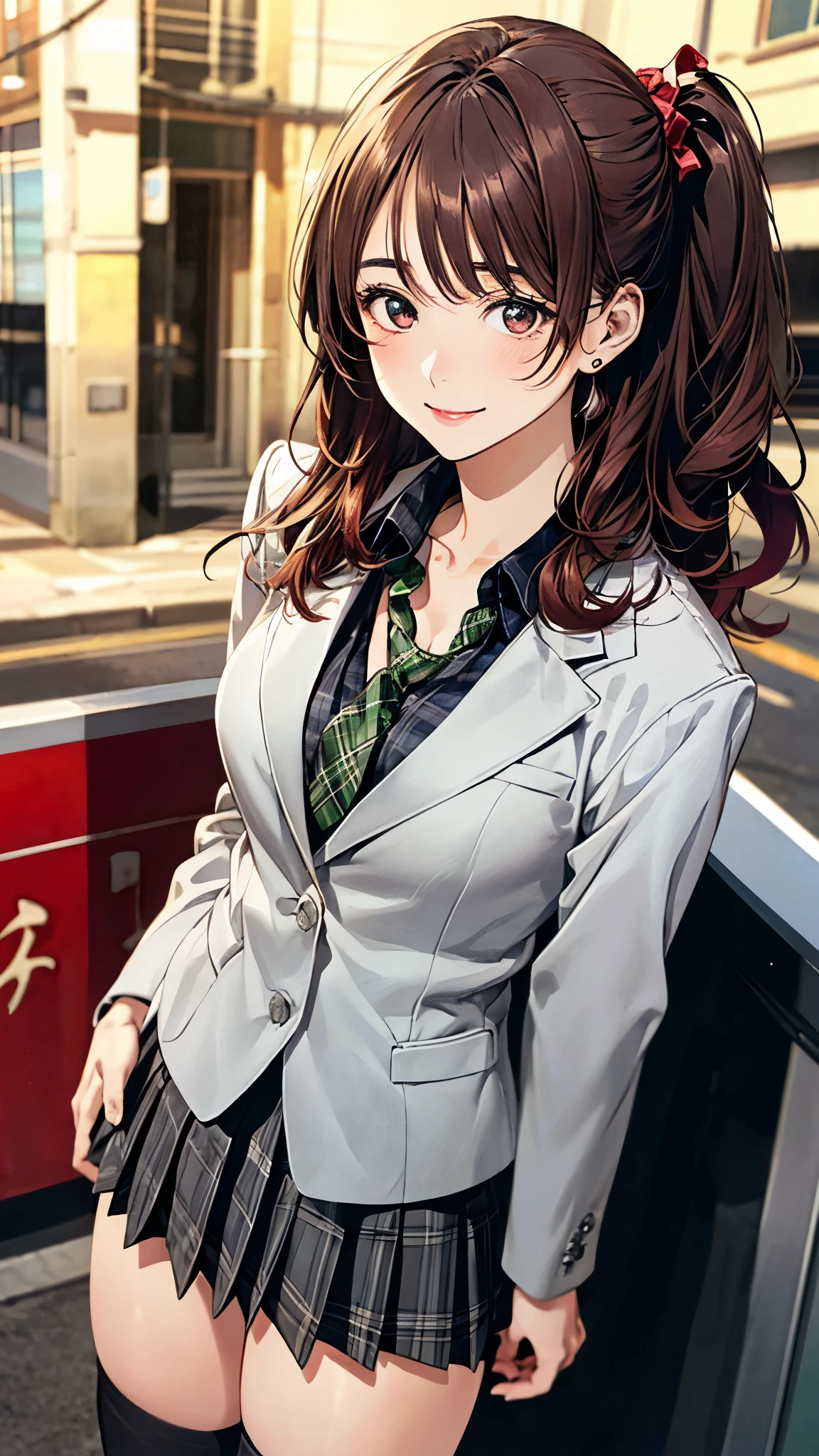 (masterpiece:1.2, top-quality), (realistic, photorealistic:1.4), beautiful illustration, (natural side lighting, movie lighting),
looking at viewer, 1 girl, japanese, high school girl, perfect face, cute and symmetrical face, shiny skin,
(long hair:1.2, ((two side up:1.2)), dark brown hair), red eyes, slant eyes, (large breasts:0.8, seductive thighs),
beautiful hair, beautiful face, beautiful detailed eyes, beautiful clavicle, beautiful body, beautiful chest, beautiful thigh, beautiful legs, beautiful fingers,
(((grey blazer, close blazer), black pleated skirt, black over-kneehighs, white blouse shirt, green plaid tie), red hair ribbon),
(beautiful scenery), evening, (street:1.2), (standing), (lovely smile, upper eyes),