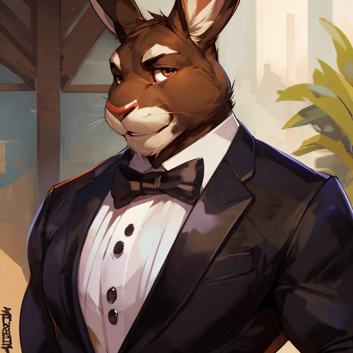 Light brown hare, light brown fur, in one color tone, with long ears, in tuxedo, black tuxedo, chest, big chest view, By mystikfox61, By darkgem