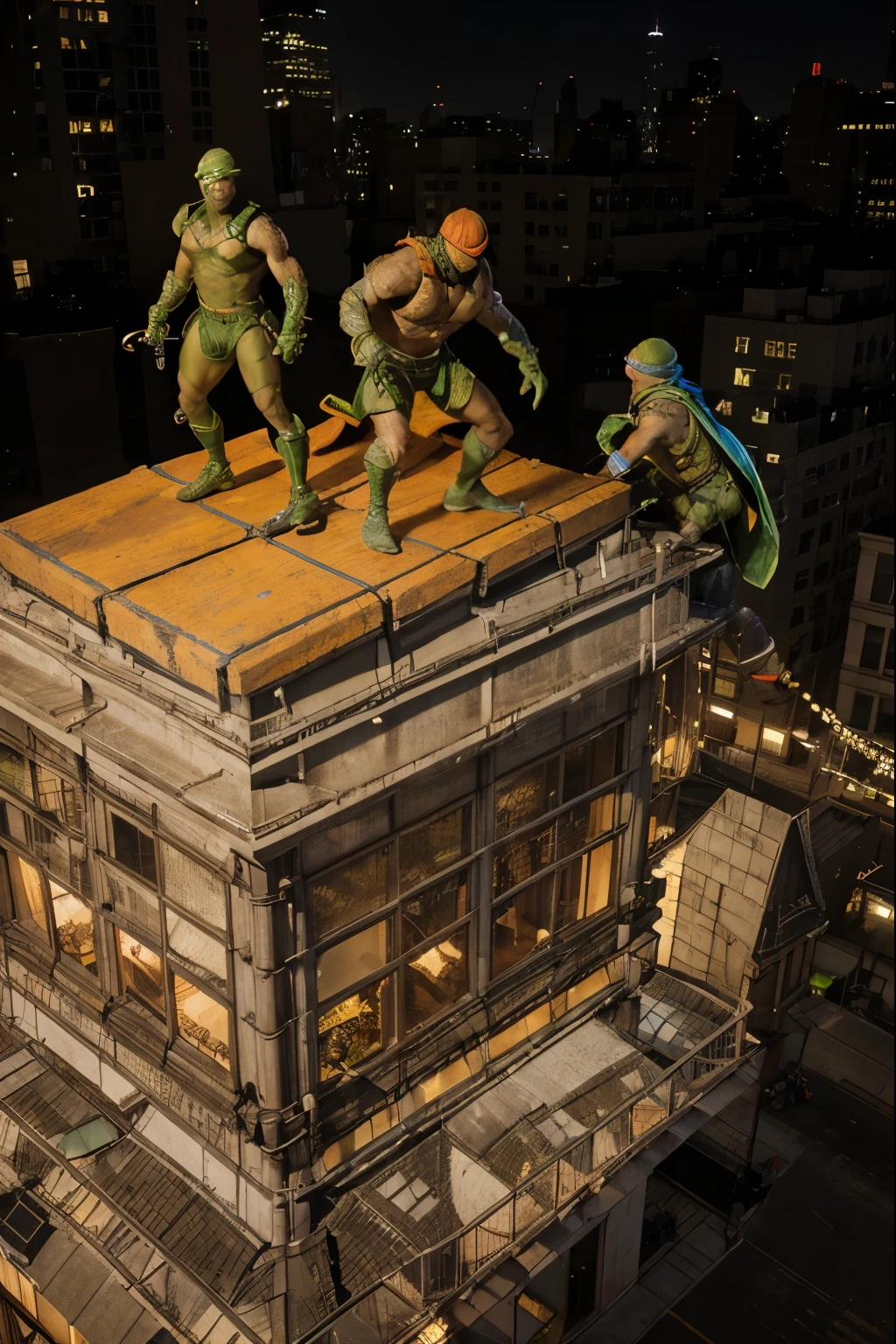 (Best quality, 8k, 32k, Masterpiece, UHD:1.2) Transform the setting of this image to feature the Teenage Mutant Ninja Turtles standing on a rooftop of a building in New York City, engaging in battle with Mousers. The environment should showcase the urban landscape with detailed buildings, street elements, and a vibrant city atmosphere visible in the background.

Introduce the Teenage Mutant Ninja Turtles in dynamic battle stances on the rooftop. They should have realistic reptilian details and textures while maintaining their humanoid appearance, with 3 finger digits and two toes. Leonardo, with a textured blue bandana, should have smooth, greenish-brown skin and a detailed shell featuring subtle patterning. Michelangelo, wearing an orange bandana, should have a speckled, olive-green skin tone with webbed fingers and toes. Donatello, in a purple bandana, should exhibit darker, rugged skin with patches of mottled brown. Raphael, sporting a red bandana, should have rougher skin texture with visible veins and a deep green hue.

Highlight their reptilian nature with realistic skin textures, scales, and moist surfaces. Each turtle should be depicted in a unique battle stance, showcasing their agility and combat readiness, with their iconic weapons visible. The Mousers should have a sleek, metallic texture, reflecting light realistically to emphasize their mechanical nature.

The lighting should be dynamic, with contrasted shadows and highlights that accentuate their forms and the details of their surroundings. Utilize the environmental lighting from the city, such as streetlights, neon signs, and illuminated windows, to cast realistic glows and reflections on the turtles, Mousers, and rooftop elements.

Ensure the scene captures the energy and excitement of the turtles battling Mousers on a New York City rooftop, with the towering buildings and city lights providing a dramatic and engaging backdrop.