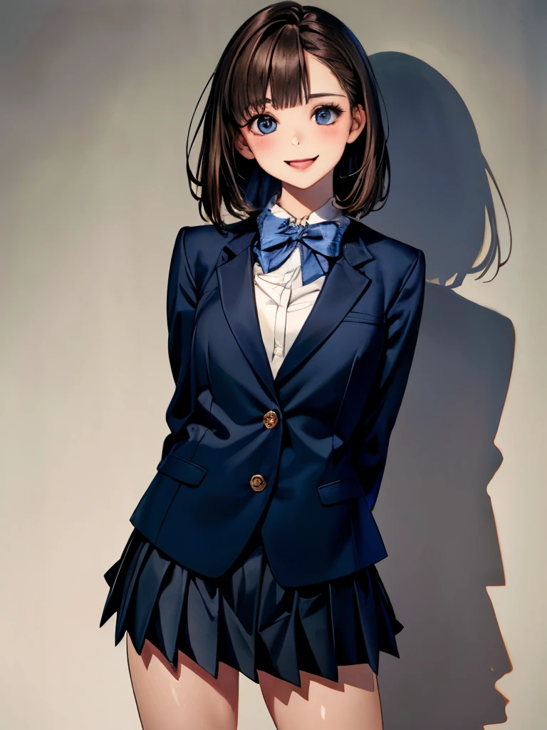 (masterpiece:1.2, highest quality), (Realistic, photoRealistic:1.4), Beautiful illustrations, (Natural Side Lighting, Cinema Lighting), ,
, (Face Focus, Upper Body, Front view:0.6), 1 girl, high school girl, Japanese, Perfect Face, Perfect Anatomy, Cute and symmetrical face, (Round face), Shiny skin,
(Bob Hair、Brown Hair), Blunt bangs, blue eyes, Big eyes, Long eyelashes, (Mid-chest),
Beautiful Hair, Beautiful Face, Beautiful details, Beautiful clavicle, Beautiful body, Beautiful breasts,
(((navy , navy school blazer:1.2, navy pleated mini skirt), Closed blazer, Grey bow tie, White collared shirt), (Bust Shot),
(White wall background), Are standing, (Arms crossed), (smile), (Mouth open)