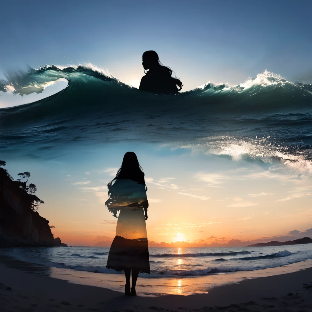 [sea wave:teadrop:30]= [sea wave:teadrop:1.5],(double exposure silhouette:1.4),(morning glow photo scenery),hyperrealistic,extremely detailed 8k CG,extremely detailed background,