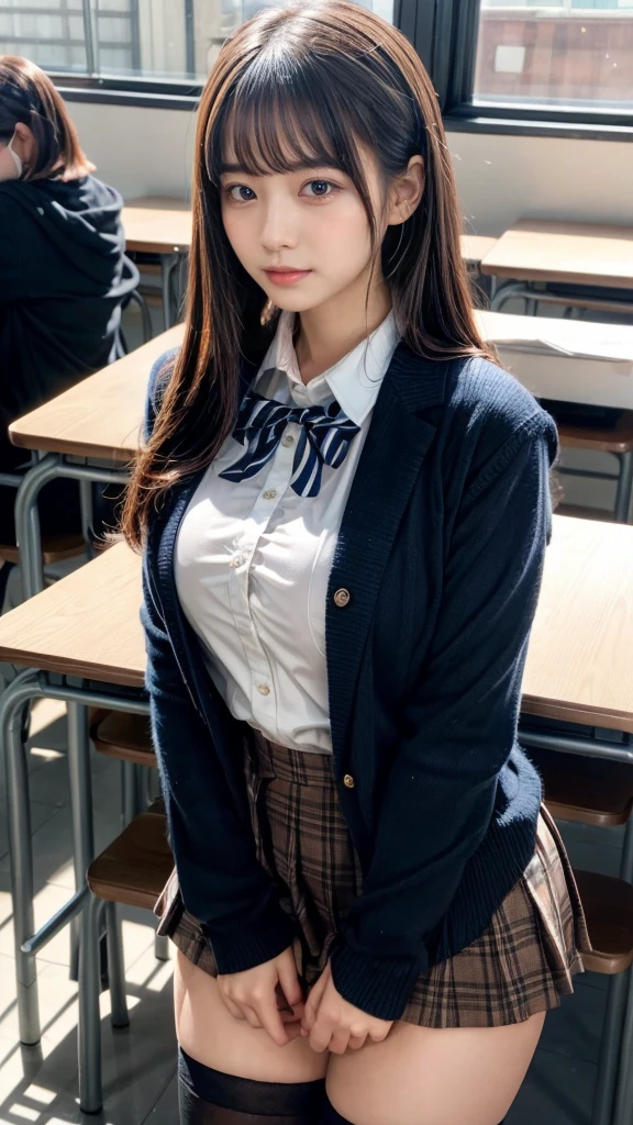 masterpiece, best quality, illustration, Super detailed, fine details, High resolution, 8K,wall paper, perfect dynamic composition,(Details High quality, realistic depiction of eyes:1.3), from side, High School Classroom、High school girl uniform、blazer 、Super Short Check Uniform Skirt、Navy blue high socks、garterbelts、Colossal tits、Disturbed uniform, ponytail, black hair color, large breasts, Big Natural Color Lip, bold sexy pose, (perfect body shape), crying a little、cold gaze, Harajuku style、20 year old girl、cute type, beautiful legs, hposing Gravure Idol, Voluptuous thighs