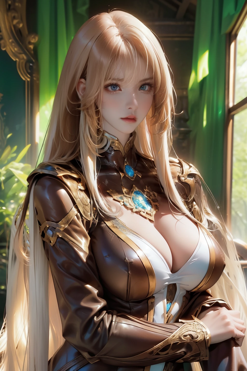 1girl,(ultra detailed skin),curvy,,beautiful breasts,large breasts,pale skin,pointy breasts,erect nipples,(fantasy art,Highest image quality,Hyperrealist portrait,(8k),ultra-realistic,best quality, high quality, high definition, high quality texture,high detail,beautiful detailed,fine detailed,extremely detailed cg,detailed texture,a realistic representation of the face,masterpiece,Sense of presence,Dynamic,bold),(thin hair),(soft hair),(straight hair:1.8),Swept long bangs,extra light coppery amber hair,hair over one eye,(clothed:1.5),