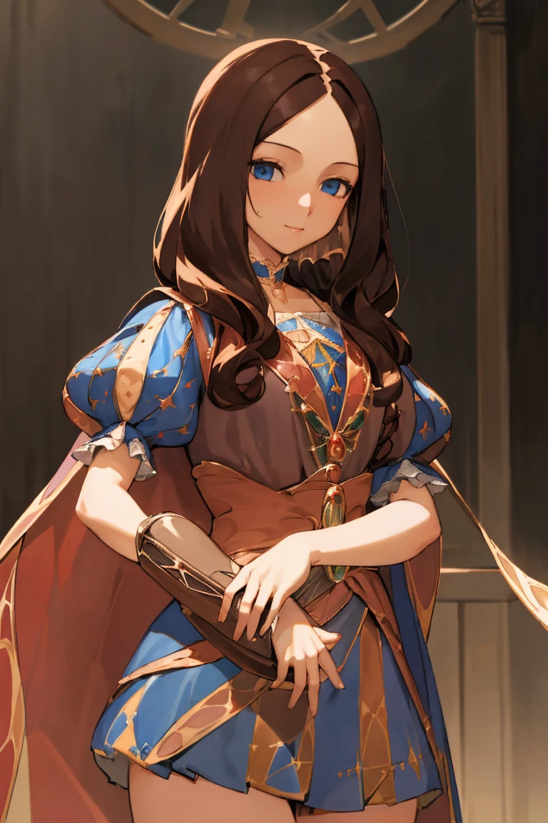 Leonardo da Vinci, Leonardo da Vinci, Leonardo da Vinci \(destiny\), Long Hair, bangs, blue eyes, Brown Hair, (parted bangs:1.5), smile, break dress, Short sleeve, choker, Puffy sleeves, Cape, puffy Short sleeve, Puff and slash sleeves, break indoors, break looking at viewer, (Cowboy Shot:1.5), break (masterpiece:1.2), highest quality, High resolution, unity 8k wallpaper, (figure:0.8), (Beautiful fine details:1.6), Highly detailed face, Perfect lighting, Highly detailed CG, (Perfect hands, Perfect Anatomy),
