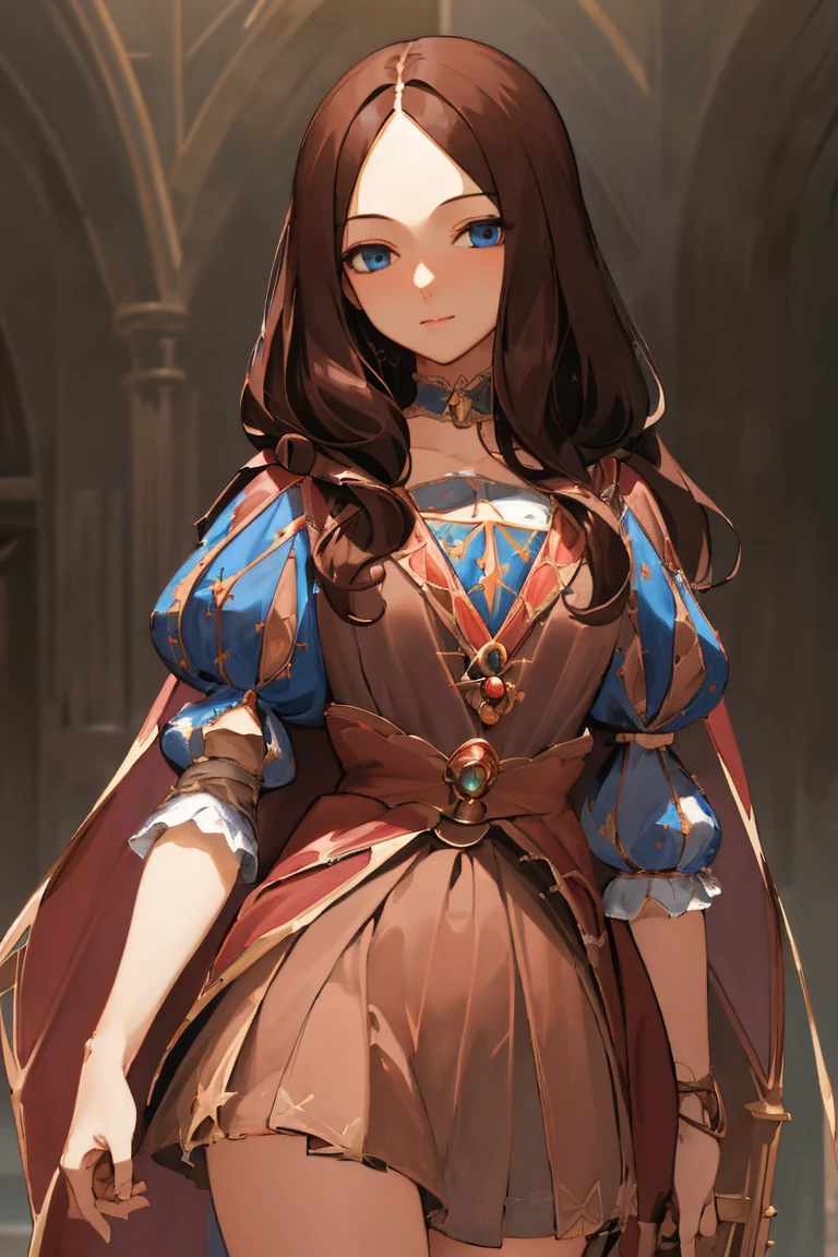 Leonardo da Vinci, Leonardo da Vinci, Leonardo da Vinci \(destiny\), Long Hair, bangs, blue eyes, Brown Hair, (parted bangs:1.5), smile, break dress, Short sleeve, choker, Puffy sleeves, Cape, puffy Short sleeve, Puff and slash sleeves, break indoors, break looking at viewer, (Cowboy Shot:1.5), break (masterpiece:1.2), highest quality, High resolution, unity 8k wallpaper, (figure:0.8), (Beautiful fine details:1.6), Highly detailed face, Perfect lighting, Highly detailed CG, (Perfect hands, Perfect Anatomy),
