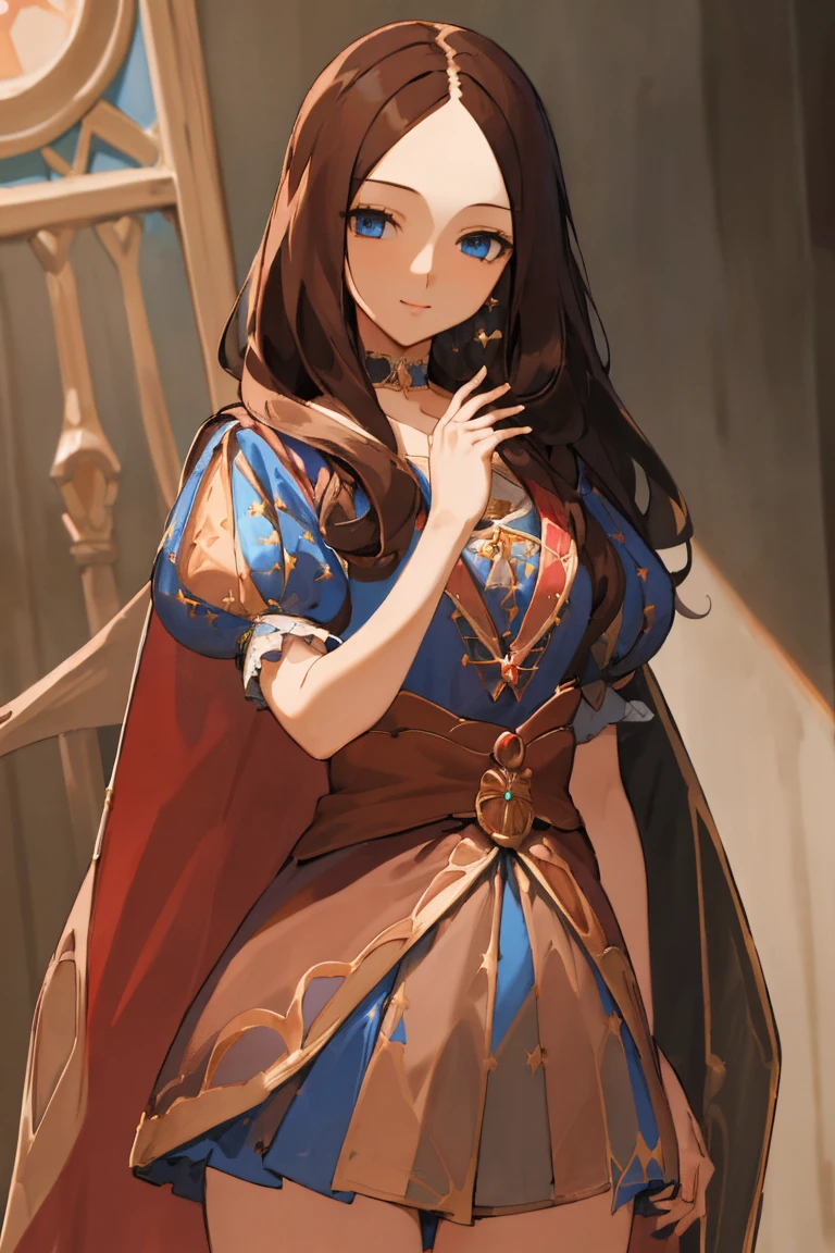 Leonardo da Vinci, Leonardo da Vinci, Leonardo da Vinci \(destiny\), Long Hair, bangs, blue eyes, Brown Hair, (parted bangs:1.5), smile, break dress, Short sleeve, choker, Puffy sleeves, Cape, puffy Short sleeve, Puff and slash sleeves, break indoors, break looking at viewer, (Cowboy Shot:1.5), break (masterpiece:1.2), highest quality, High resolution, unity 8k wallpaper, (figure:0.8), (Beautiful fine details:1.6), Highly detailed face, Perfect lighting, Highly detailed CG, (Perfect hands, Perfect Anatomy),
