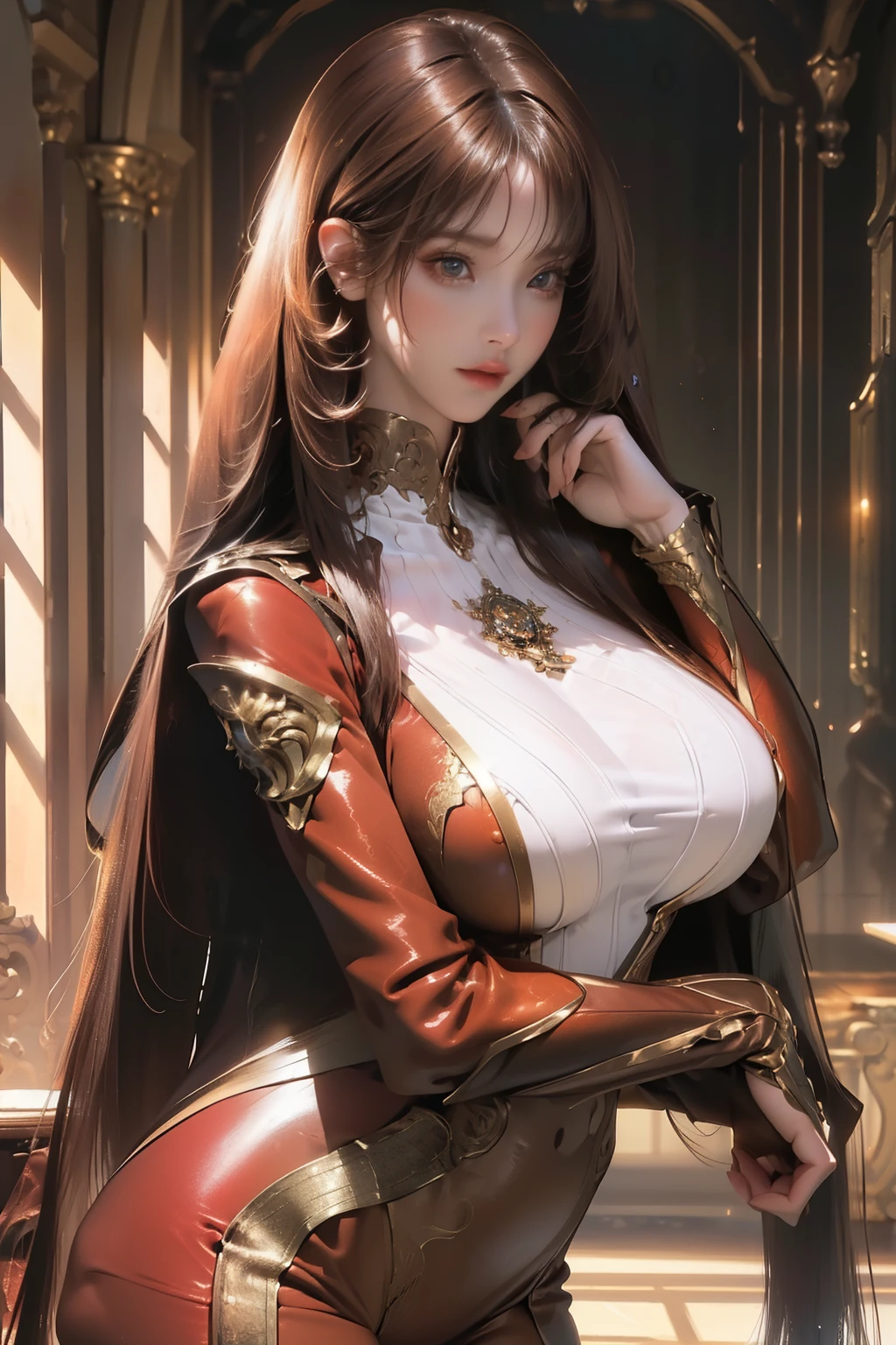 1girl,(ultra detailed skin),curvy,,beautiful breasts,large breasts,pale skin,pointy breasts,erect nipples,(fantasy art,Highest image quality,Hyperrealist portrait,(8k),ultra-realistic,best quality, high quality, high definition, high quality texture,high detail,beautiful detailed,fine detailed,extremely detailed cg,detailed texture,a realistic representation of the face,masterpiece,Sense of presence,Dynamic,bold),(thin hair),(soft hair),(straight hair:1.8),Swept long bangs,extra light coppery amber hair,hair over one eye,(clothed:1.5),