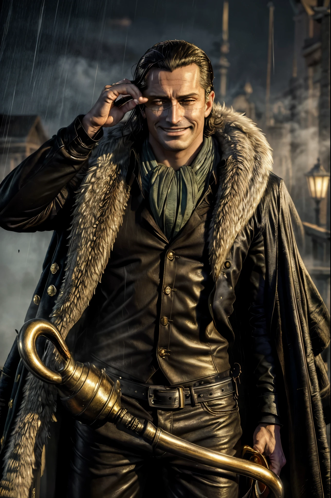 masterpiece, best quality, extremely detailed, hyperrealistic, photorealistic, a cool 40s man, ultra detailed face:1.2, fur-trimmed coat, scarf around the neck, his left hand is a golden pirate hook:1.1, sly smile, nightmarish, mystical fog, smoke, rainy night, dramatic posing