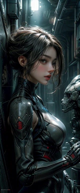 ((masterpiece, highest quality, Highest image quality, High resolution, photorealistic, Raw photo, 8K)), Ultra Wide Angle, Alien Landscap, A female stands next to an Alafedro robot on top of a hill, influenced by Stefan Koidl's background of discarded mechas. The art created by Craig Mullins, specifically in the style of Craig Mullins' Necro, portrays a detailed and futuristic science fiction scene. The emphasis is on SF concept art, with vivid colors and sharp focus. The overall lighting captures the essence of concept art in films,