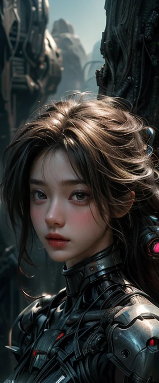 ((masterpiece, highest quality, Highest image quality, High resolution, photorealistic, Raw photo, 8K)), Ultra Wide Angle, Alien Landscap, A female stands next to an Alafedro robot on top of a hill, influenced by Stefan Koidl's background of discarded mechas. The art created by Craig Mullins, specifically in the style of Craig Mullins' Necro, portrays a detailed and futuristic science fiction scene. The emphasis is on SF concept art, with vivid colors and sharp focus. The overall lighting captures the essence of concept art in films,