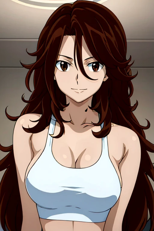 Selfie shot, detailed face, upper body view, detailed body, 4k, Sumergai Lee Noriega, best quality, anime style, hires, highest definition, digital blending, bold drawing lines, ((), (slender body), mature woman, (female wrestler, white tanktop), cheerful, gorgeous, smile, (closed mouth), (pale skin, shiny skin, lighting and shadow), (cleavage), (clean face), (warming up), closed fists, (brown hair, curly hair, long hair), 27 years old, sexy