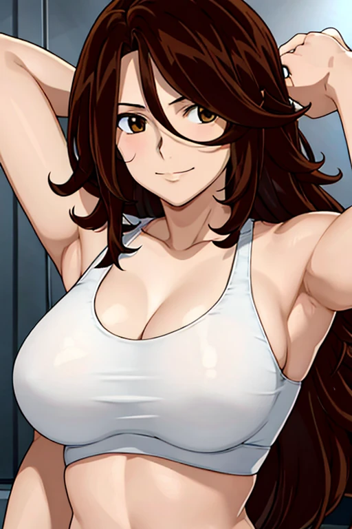 Selfie shot, detailed face, upper body view, detailed body, 4k, Sumergai Lee Noriega, best quality, anime style, hires, highest definition, digital blending, bold drawing lines, ((), (slender body), mature woman, (female wrestler, white tanktop), cheerful, gorgeous, smile, (closed mouth), (pale skin, shiny skin, lighting and shadow), (cleavage), (clean face), (warming up), closed fists, (brown hair, curly hair, long hair), 27 years old, sexy