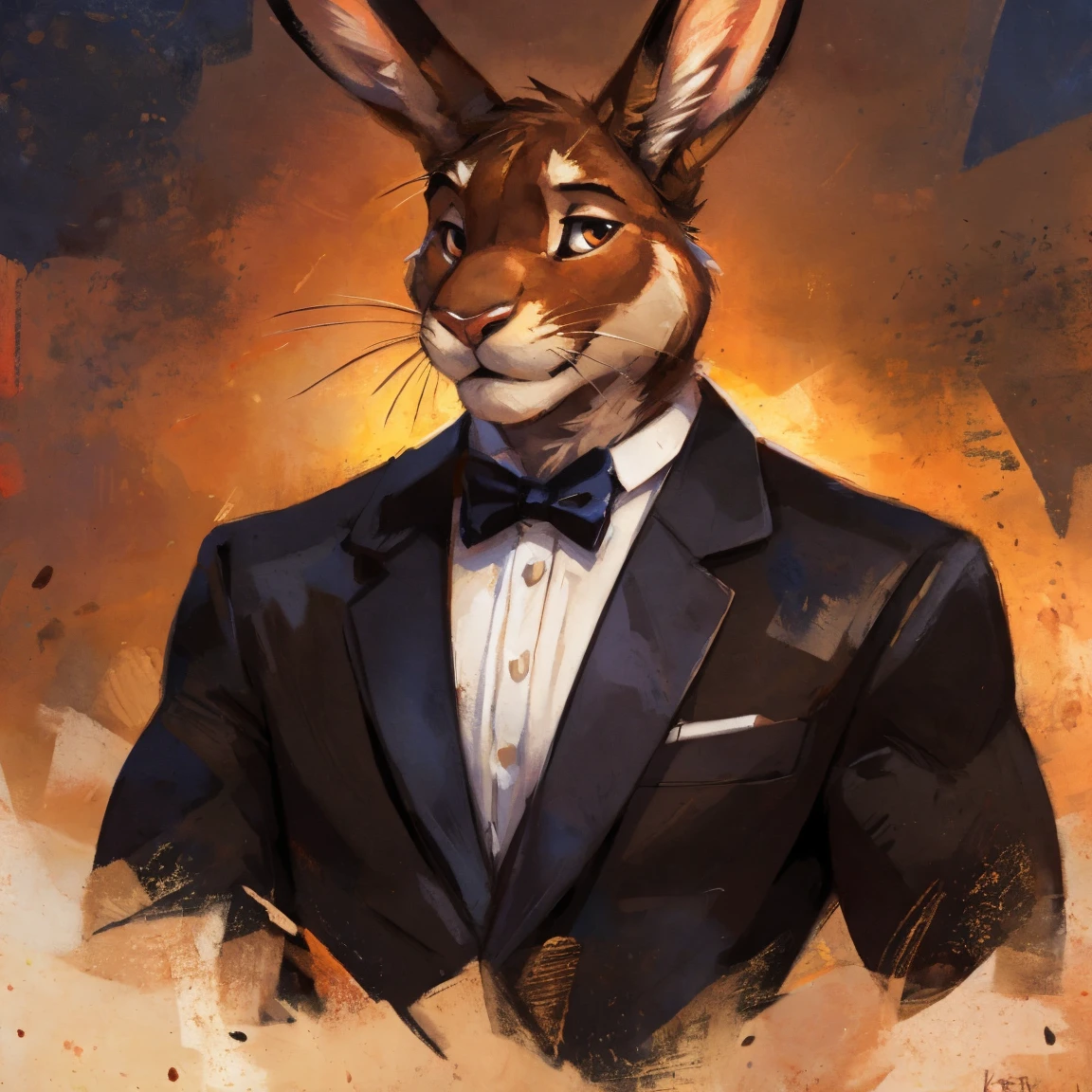 Light brown hare, light brown fur, in one color tone, with long ears, in tuxedo, black tuxedo, chest, big chest view, By mystikfox61, By kenket