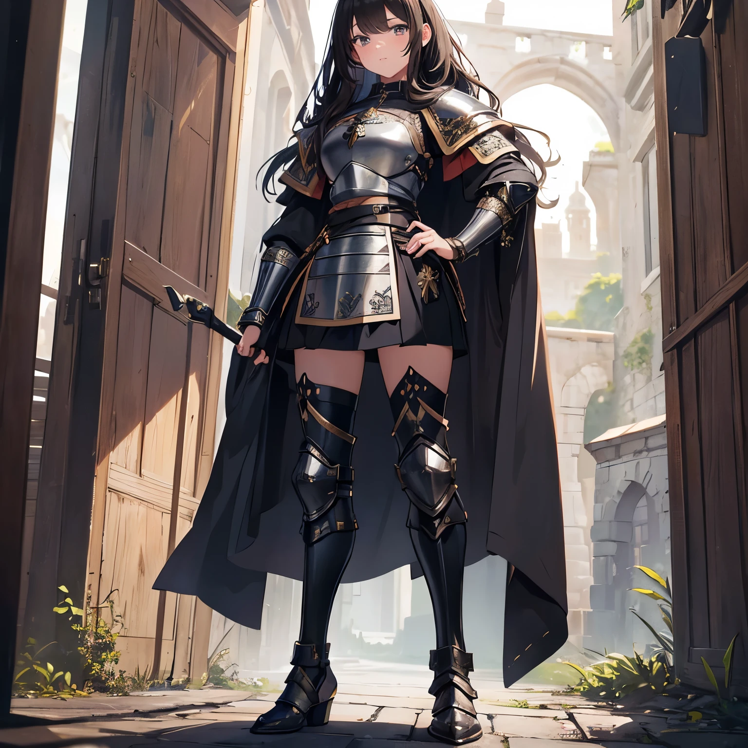 Solo,Absurd resolution、hight resolution、(masterpiece:1.4)、ultra-detailliert、(Detailed finger),(One girl)、Beautiful detailed girl、A detailed face、clear and beautiful, Character as the main point of view, Radiant skin, Girls, femele, young, (Dark hair),(length hair),(Black and beautiful hair),(Black eyes)kawaii、Beautiful face、beautidful eyes,((Knights))、Fantasy costume,Original Character,((Wearing armor)),((Costumes of medieval Europe)), (thighs thighs thighs thighs:0.1),(Facing:1.2),(Full body portrait),(Standing:1.3),(shoes on),Simple background、((white backgrounid)), Female Warrior