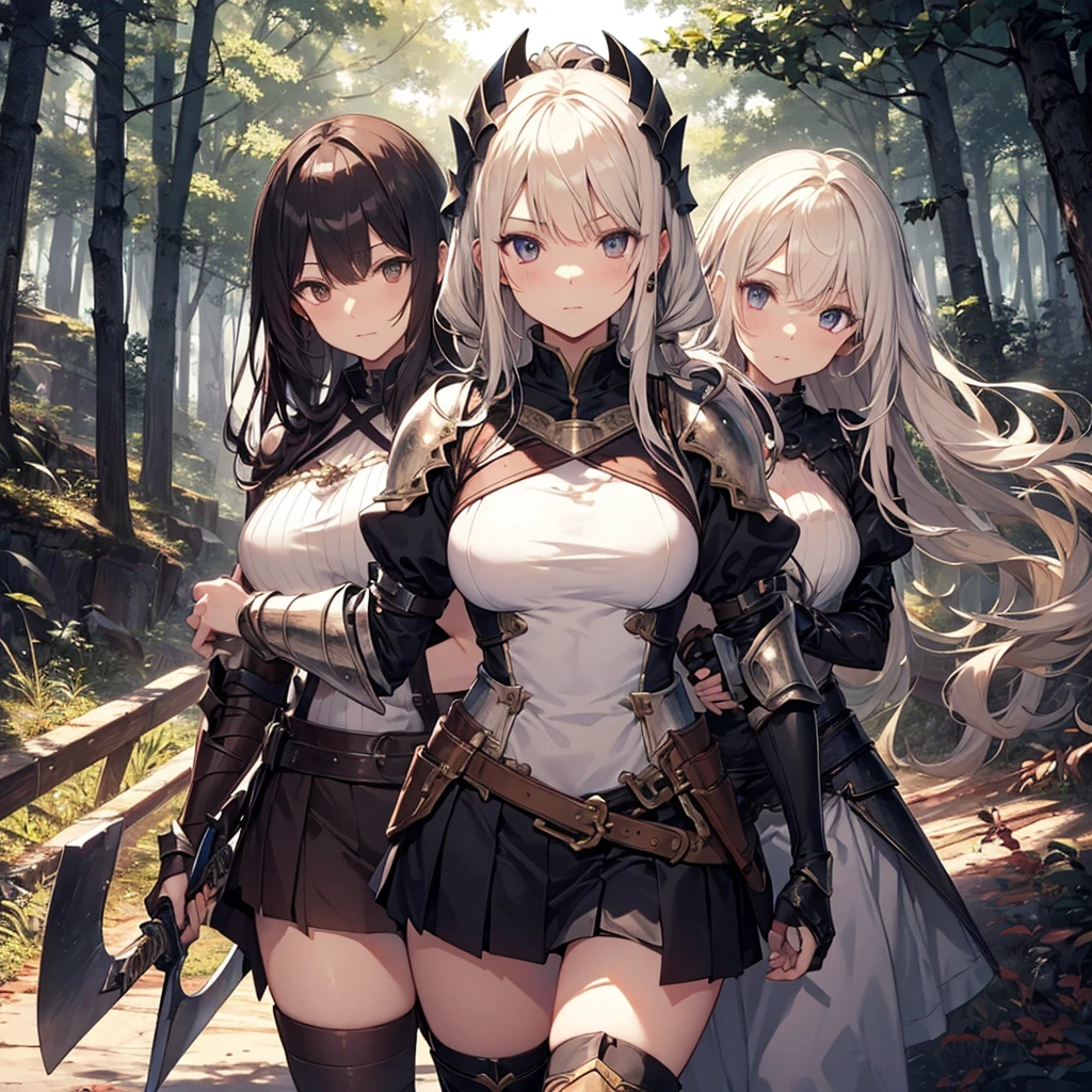 A group of  female knight, (in forest), various hair styles, harem, wearing armored clothes, metal armor, night, details face, , short skirt, seducing, sword 