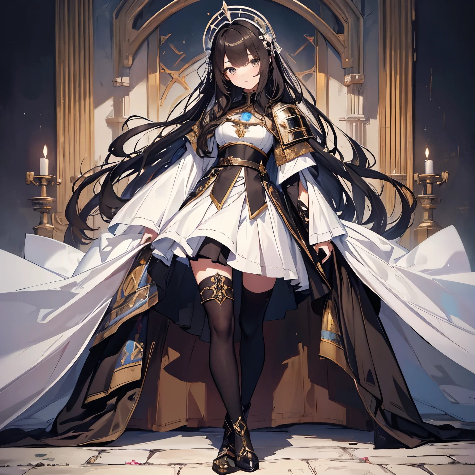 Solo,Absurd resolution、hight resolution、(masterpiece:1.4)、ultra-detailliert、(Detailed finger),(One girl)、Beautiful detailed girl、A detailed face、clear and beautiful, Character as the main point of view, Radiant skin, Girls, femele, young, (Dark hair),(length hair),(Black and beautiful hair),(Black eyes)kawaii、Beautiful face、beautidful eyes,((Knights))、Fantasy costume,Original Character,((Wearing armor)),((Costumes of medieval Europe)), (thighs thighs thighs thighs:0.1),(Facing:1.2),(Full body portrait),(Standing:1.3),(shoes on),Simple background、((white backgrounid)), Female Warrior
