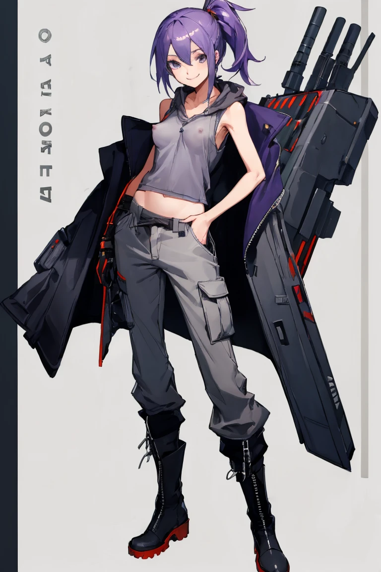 ((highest quality)), ((masterpiece)), (be familiar with),Clementine,Overload,nsfw,Sleeveless hoodie,Grey Shirt,cargo pants,Bewitching Smile,whole body,boots,Long coat,Erect nipples, cyber punk,SF