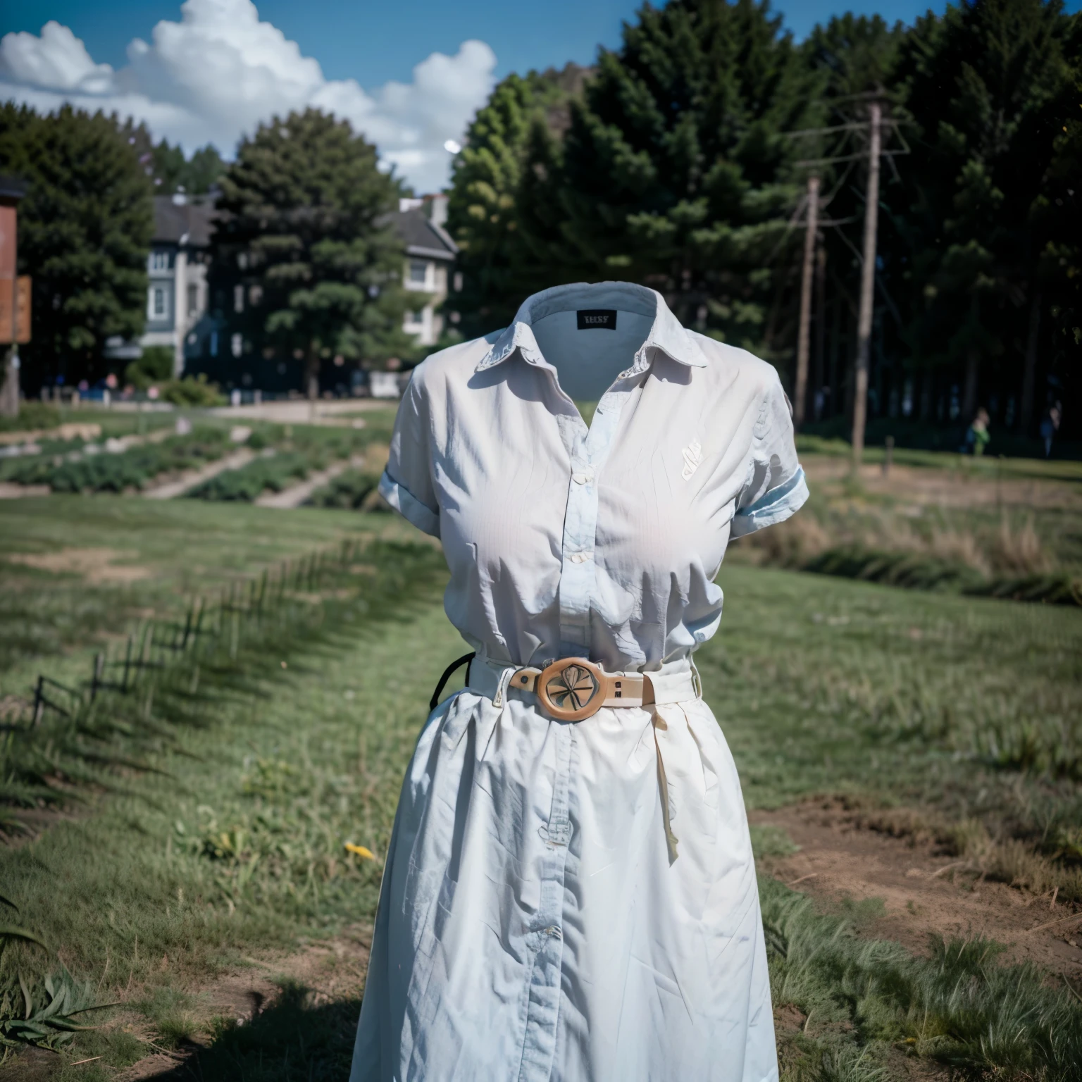 grass field, Alena, cape, yellow dress, short sleeves, belt, gloves, skirt, black pantyhose, fat, cute big breasts, (invisible, no human, headless, handless:1.5), (8k, RAW photo, best quality, masterpiece:1.2), (realistic, photo-realistic:1.37), photon mapping, radiosity, ((Hasselblad photography)), physically-based rendering