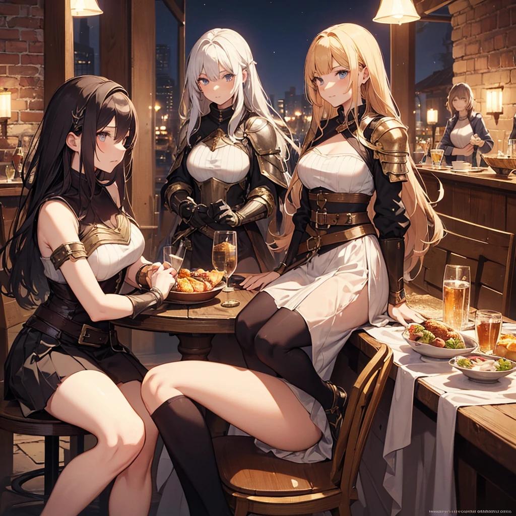 A group of  female medieval fantasy adventurers, (in tavern), various hair styles, harem, night, details face, short skirt, seducing, sleeveless, armor 