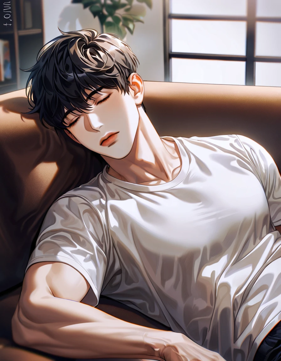 (absurdres, highres, ultra detailed, HDR) master piece, best quality, Kim Dokja, black hair, closed eyes, omniscient reader's viewpoint, solo, sexy man, handsome, white T-shirt, living room, lying on a sofa, sleeping