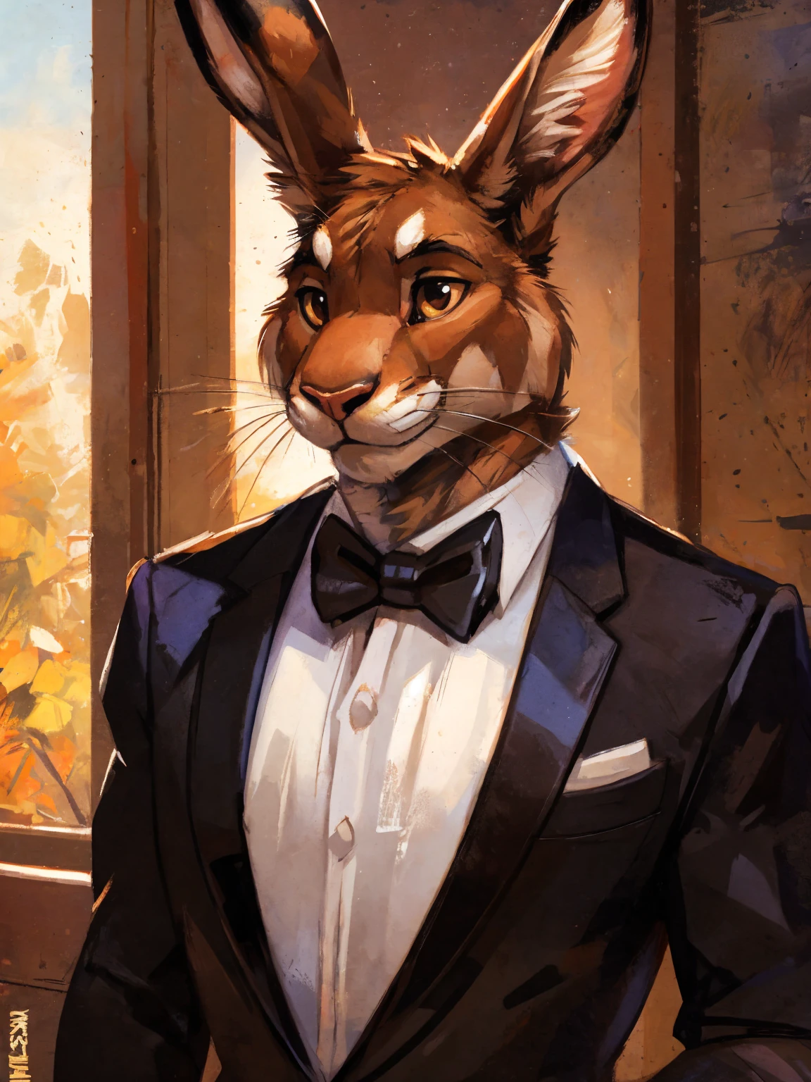 Light brown hare, light brown fur, in one color tone, with long ears, in tuxedo, black tuxedo, chest, big chest view, By mystikfox61, By kenket