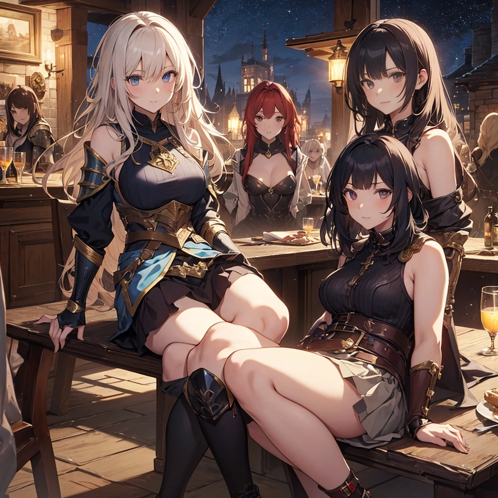 A group of  female medieval fantasy adventurers, (in tavern), various hair styles, harem, night, details face, short skirt, seducing, sleeveless, armor 