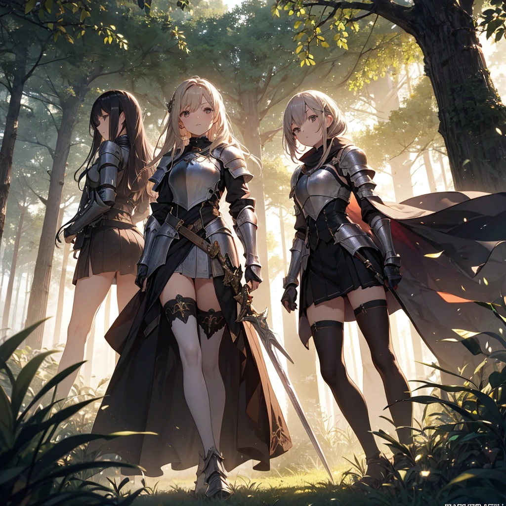 A group of  female knight, (in forest), various hair styles, harem, wearing armored clothes, metal armor, night, details face, , short skirt, seducing, sword 