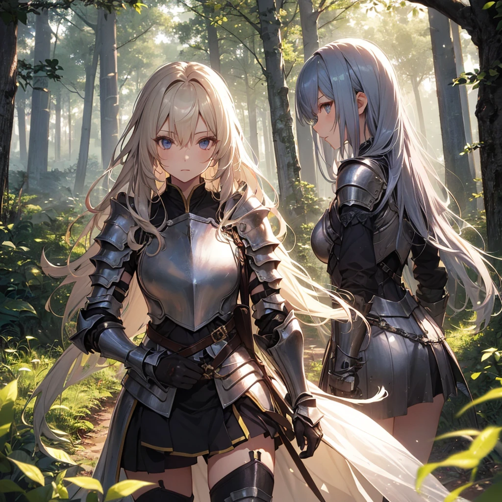 A group of female knight, (in forest), various hair styles, harem, wearing armored clothes, metal armor, night, details face, , short skirt, seducing, sword