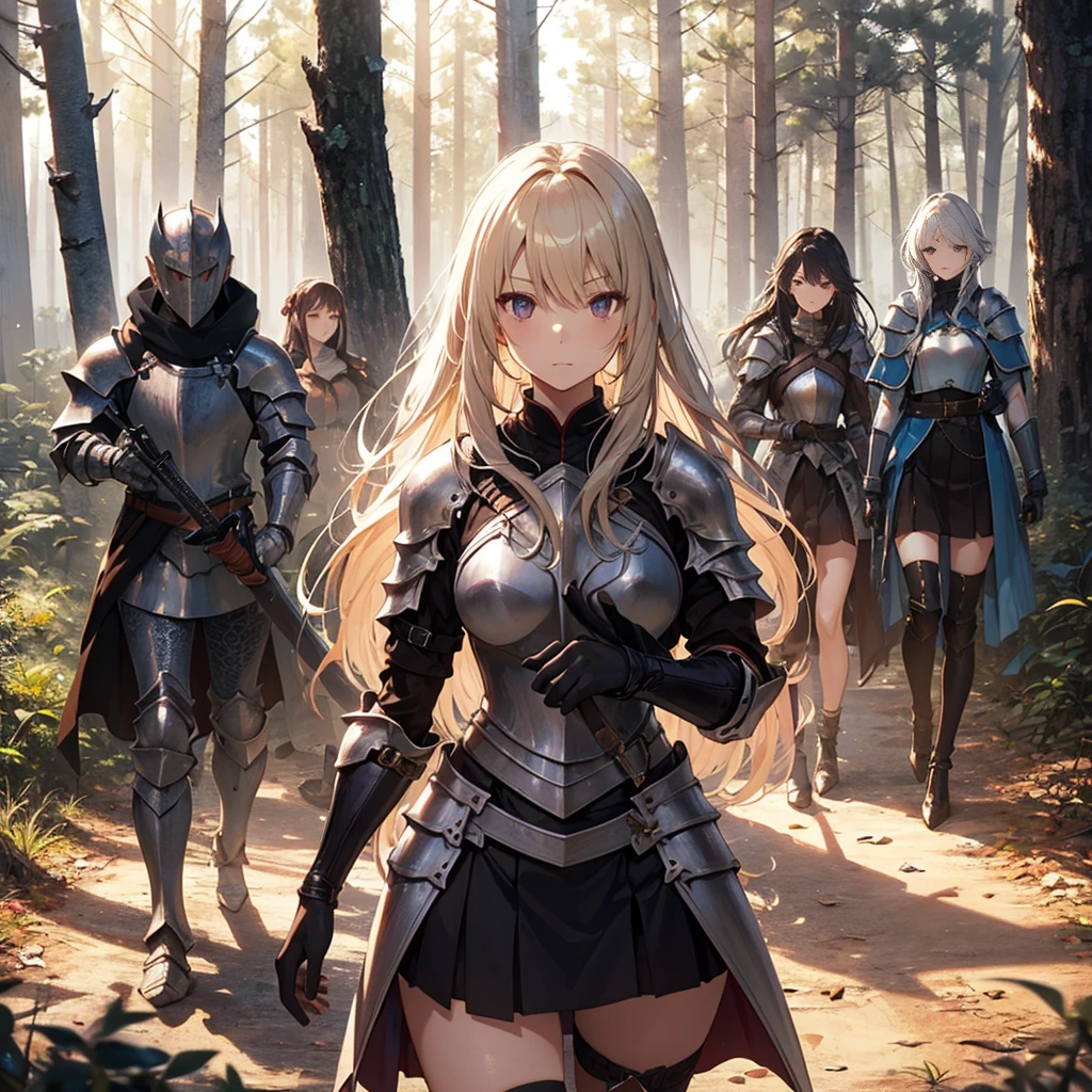 A group of female knight, (in forest), various hair styles, harem, wearing armored clothes, metal armor, night, details face, , short skirt, seducing, sword