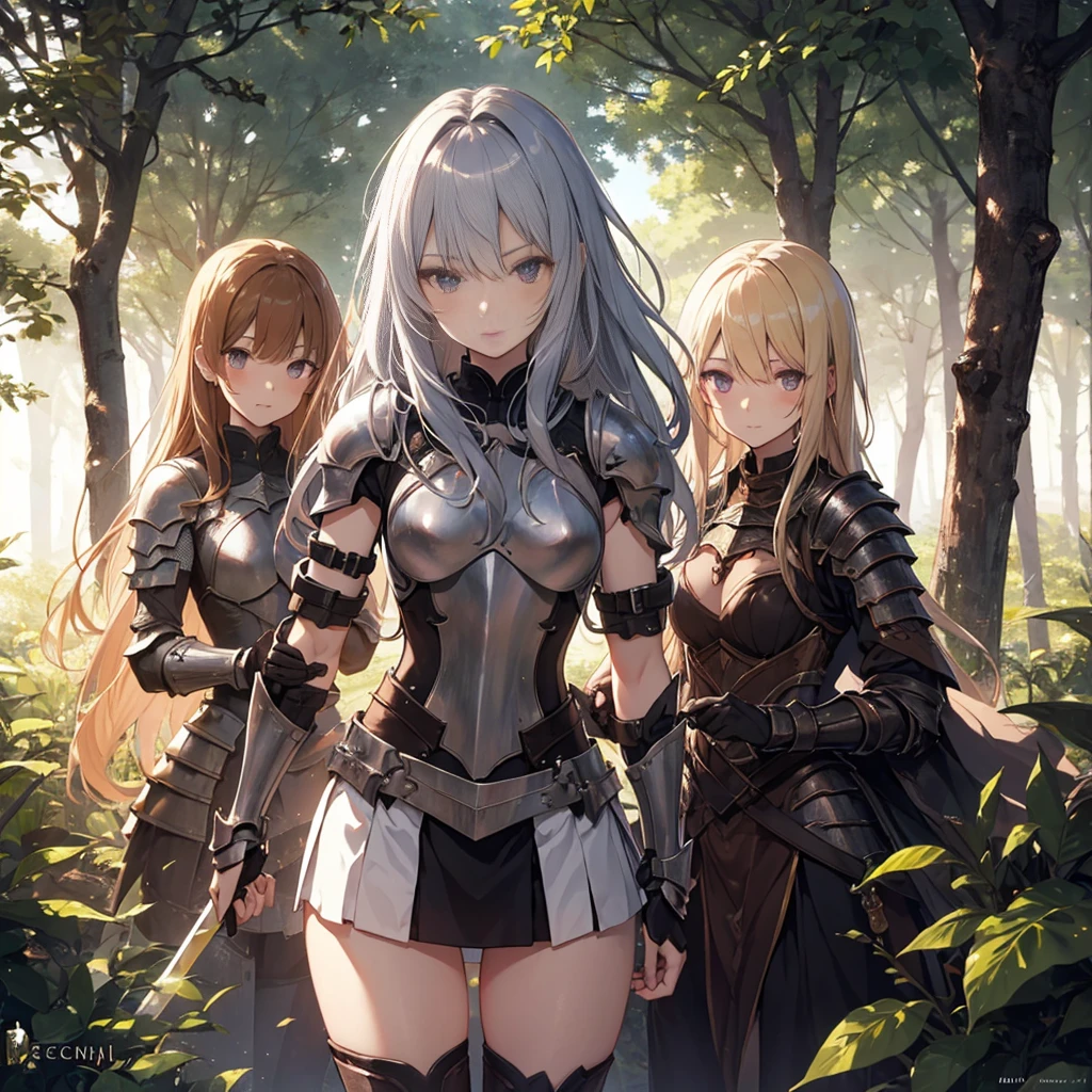 A group of female knight, (in forest), various hair styles, harem, wearing armored clothes, metal armor, night, details face, , short skirt, seducing, sword, armpits