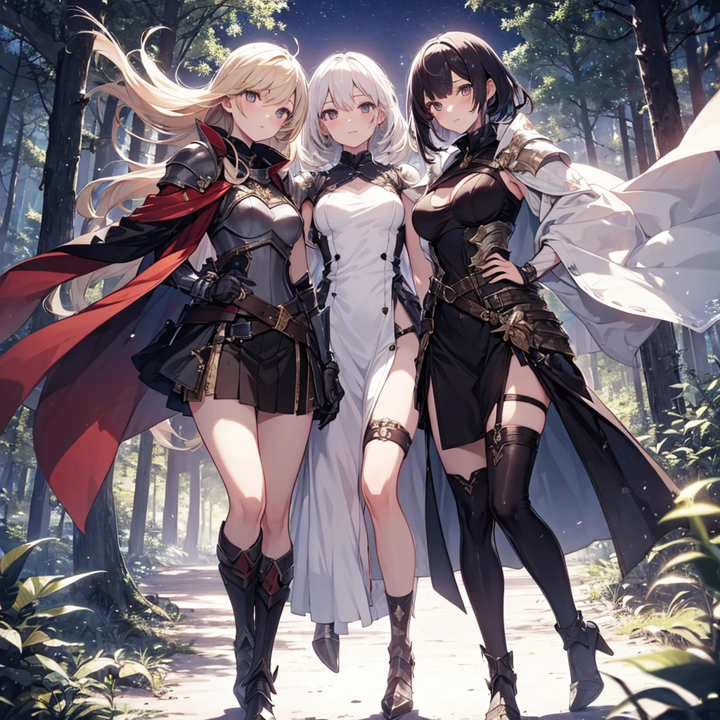 A group of female knight, (in forest), various hair styles, harem, wearing armored clothes, metal armor, night, details face, , short skirt, seducing, sword, armpits