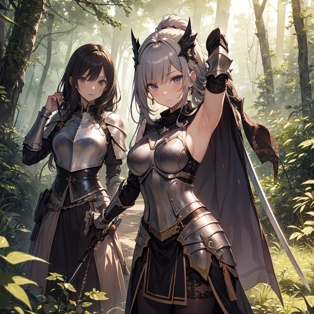 A group of female knight, (in forest), various hair styles, harem, wearing armored clothes, metal armor, night, details face, , short skirt, seducing, sword, armpits
