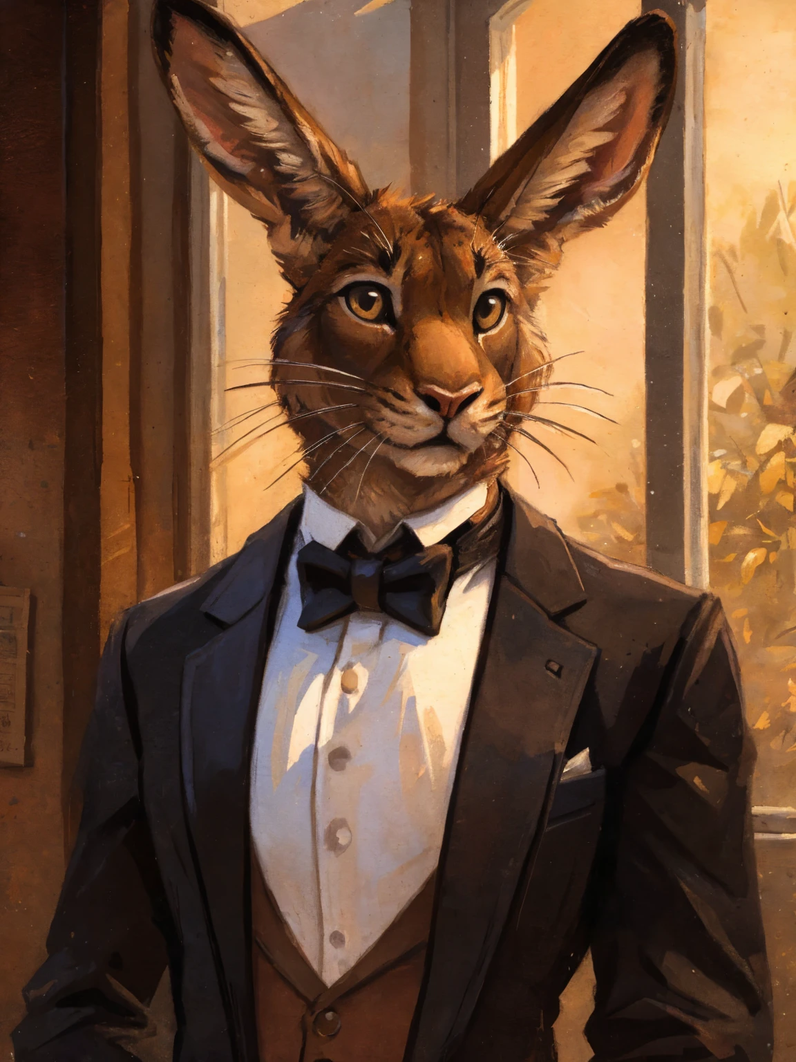 Light brown hare, light brown fur, in one color tone, with long ears, in tuxedo, black tuxedo, chest, big chest view, By kenket