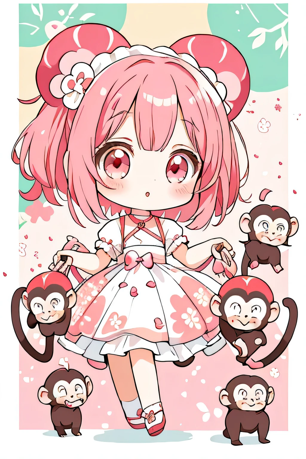 Momoko Sakura Style, Kawaii Design, most beautiful girl ever、Chibi, Colorful bob hair、((Lots of monkeys))、amusement park