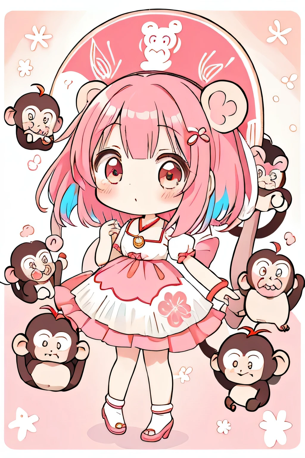 Momoko Sakura Style, Kawaii Design, most beautiful girl ever、Chibi, Colorful bob hair、((Lots of monkeys))、amusement park