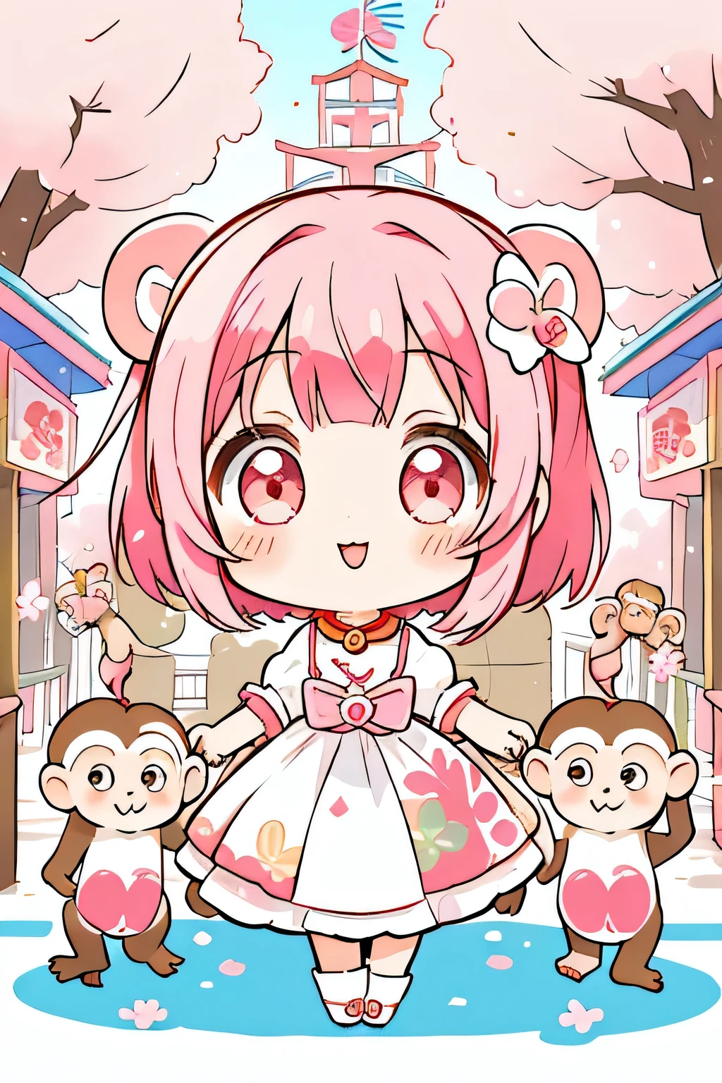 Momoko Sakura Style, Kawaii Design, most beautiful girl ever、Chibi, Colorful bob hair、((Lots of monkeys))、amusement park