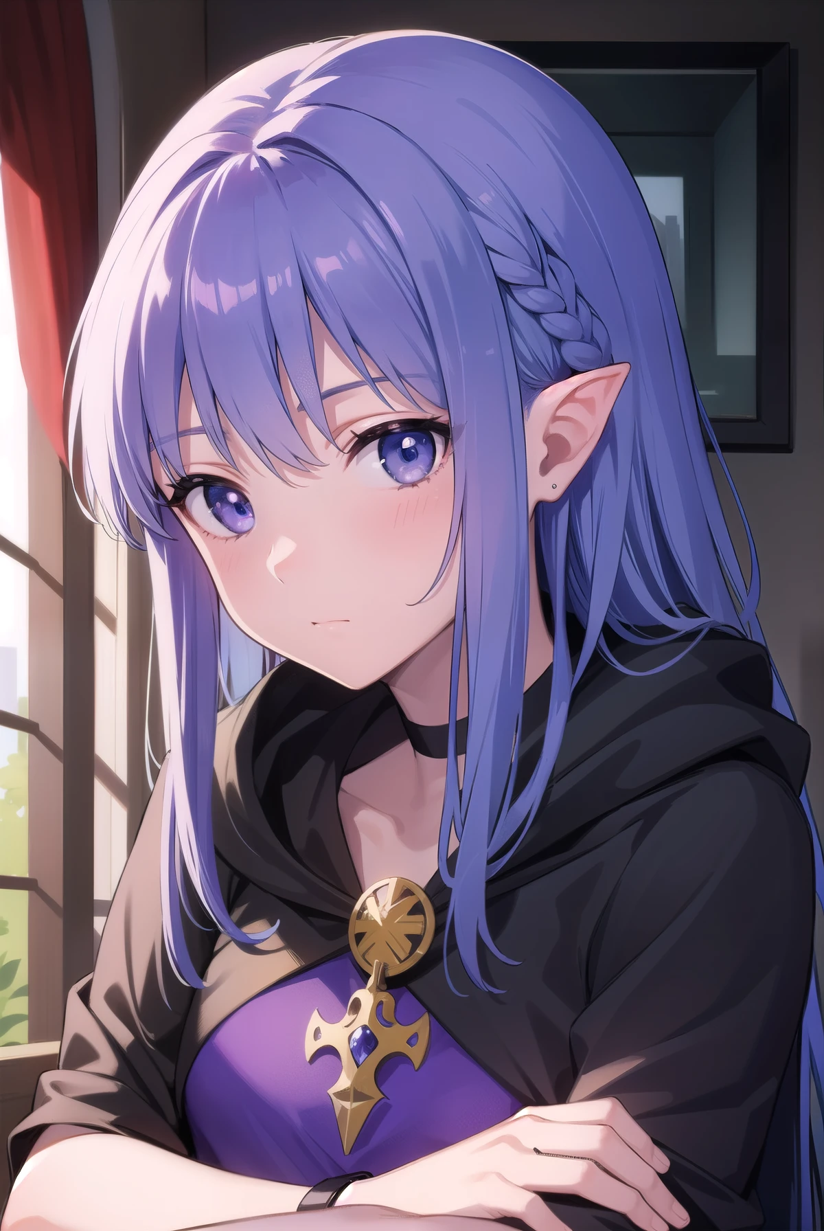 medea, medea, blue hair, long hair, (purple eyes:1.1), purple hair, braid, hair braid, single braid, pointy ears,
BREAK choker, cloak, hood, jewelry, magic, ring, robe, solo, witch,
BREAK looking at viewer,
BREAK indoors,
BREAK (masterpiece:1.2), best quality, high resolution, unity 8k wallpaper, (illustration:0.8), (beautiful detailed eyes:1.6), extremely detailed face, perfect lighting, extremely detailed CG, (perfect hands, perfect anatomy),