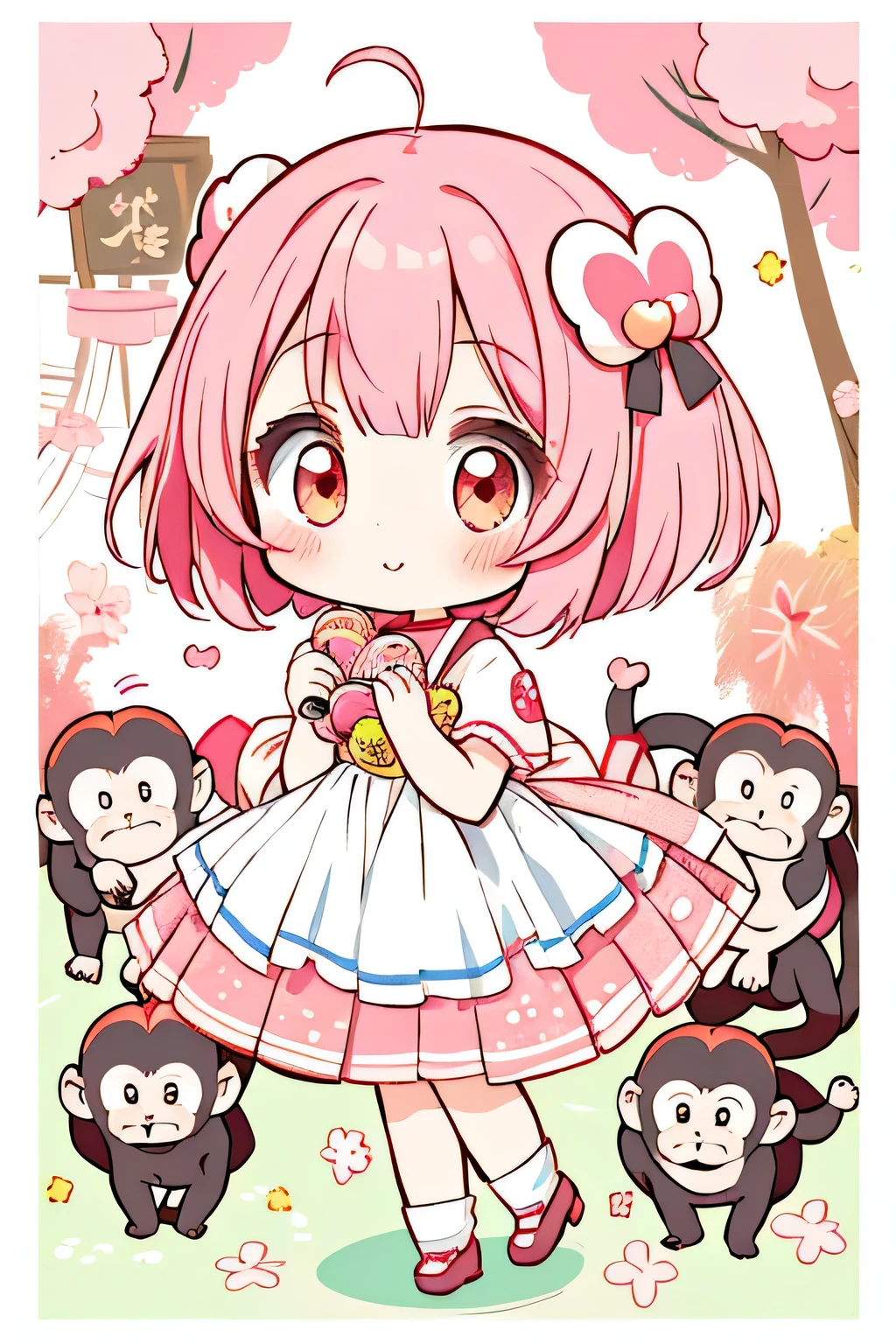Momoko Sakura Style, Kawaii Design, most beautiful girl ever、Chibi, Colorful bob hair、((Lots of monkeys))、amusement park