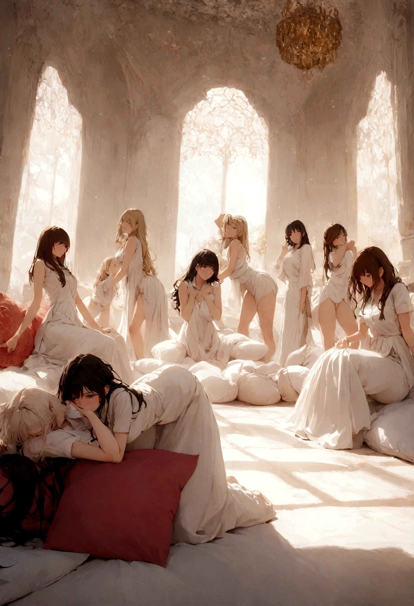 Several women in white school uniform in sexy poses, harem, cushions, lots of light