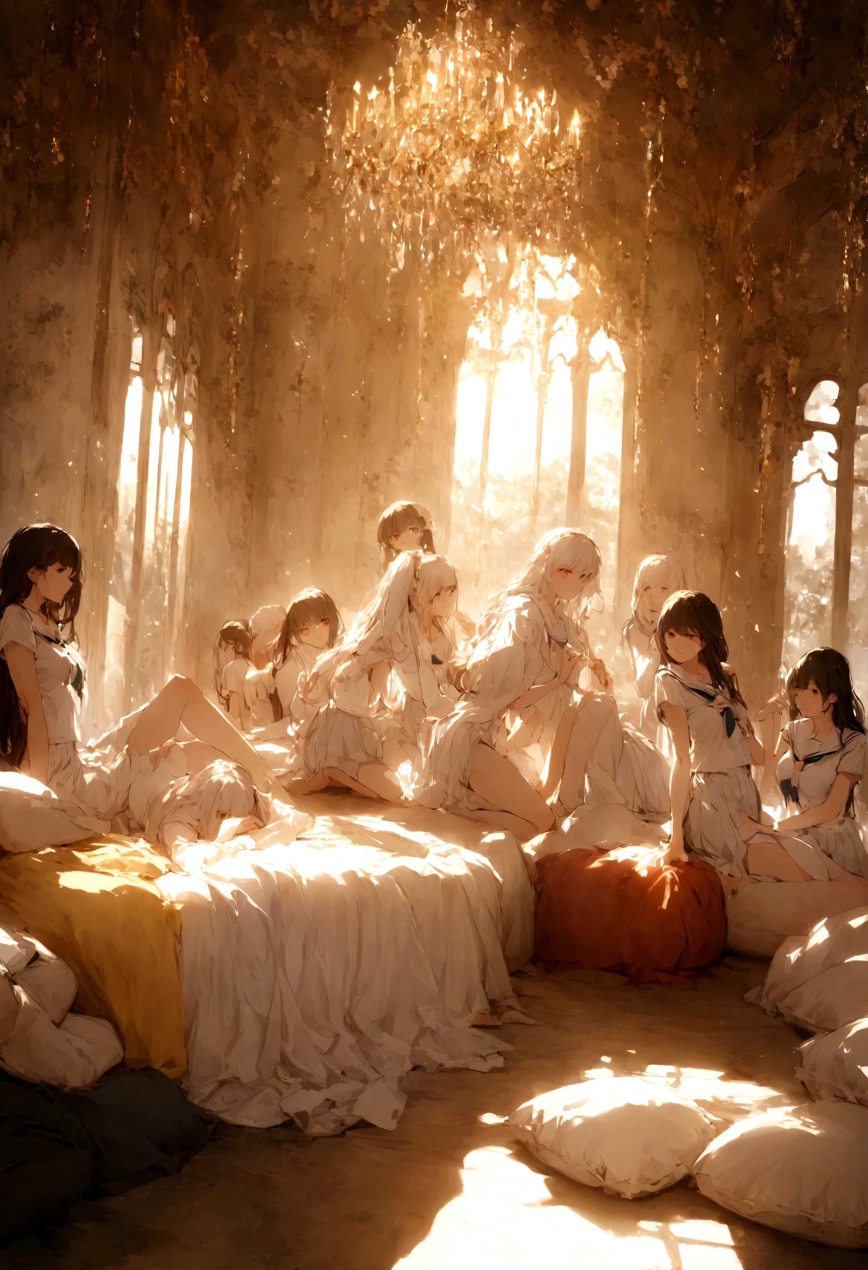 Several women in white school uniform in sexy poses, harem, cushions, lots of light