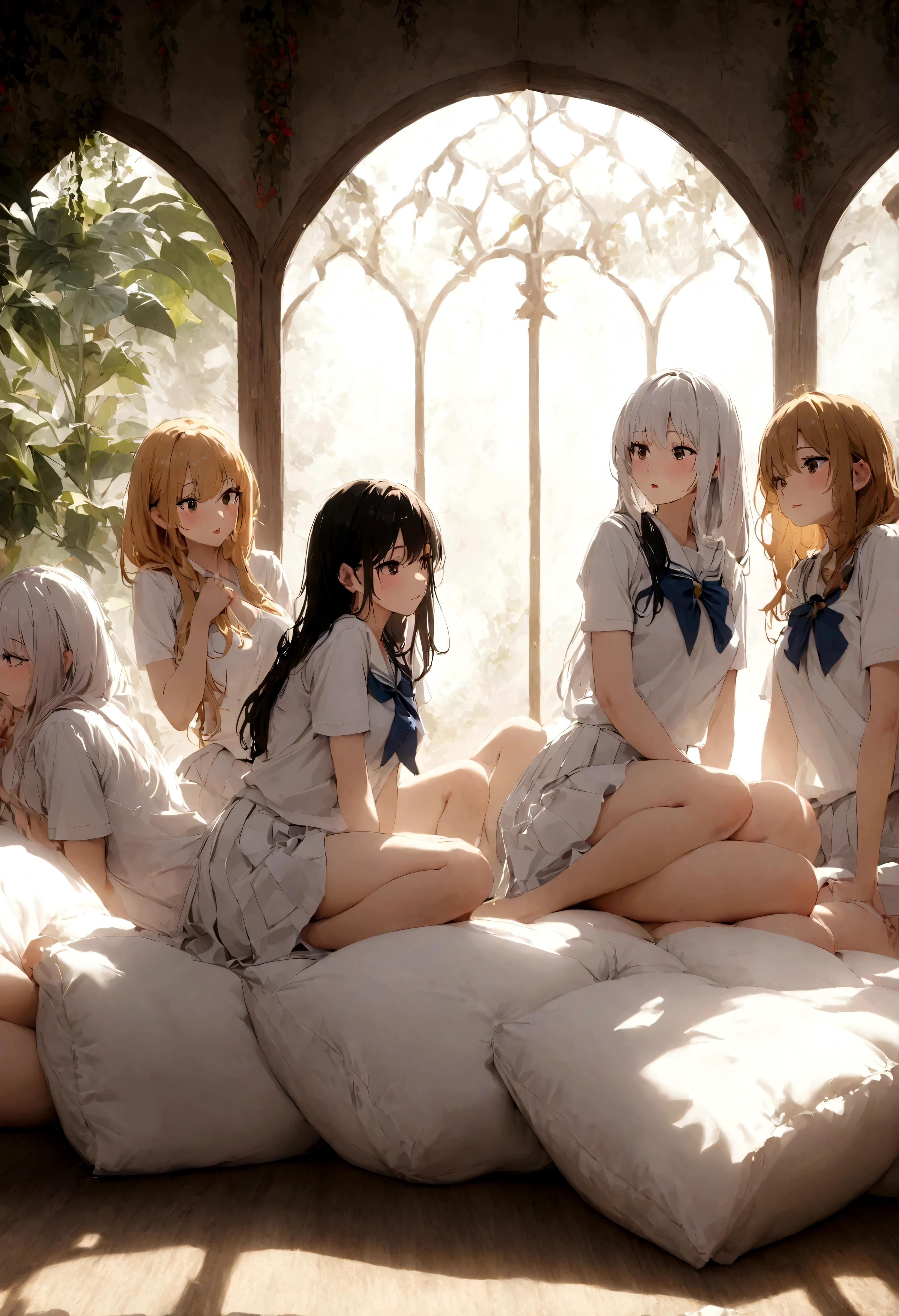 Several women in white school uniform in sexy poses, harem, cushions, lots of light