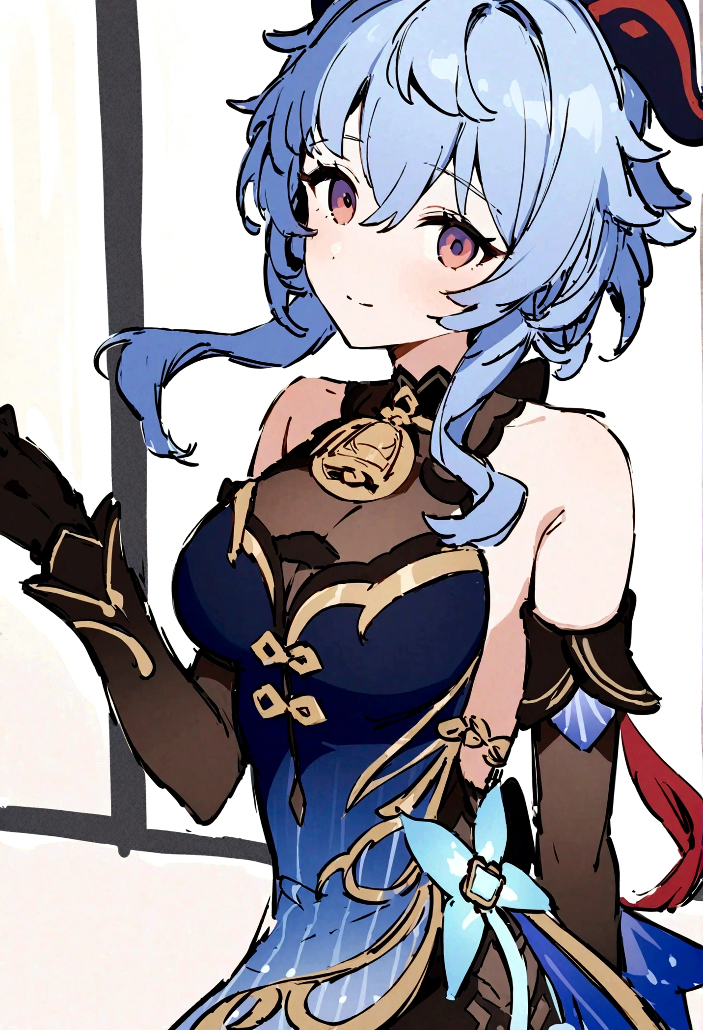 beautiful young girl, Blue hair,ganyu \(genshin impact\), 1girl, solo, sblack gloves, bare shoulders, breasts, elbow gloves, sketch, neck bell, blue dress, alternate costume, detached sleeves,