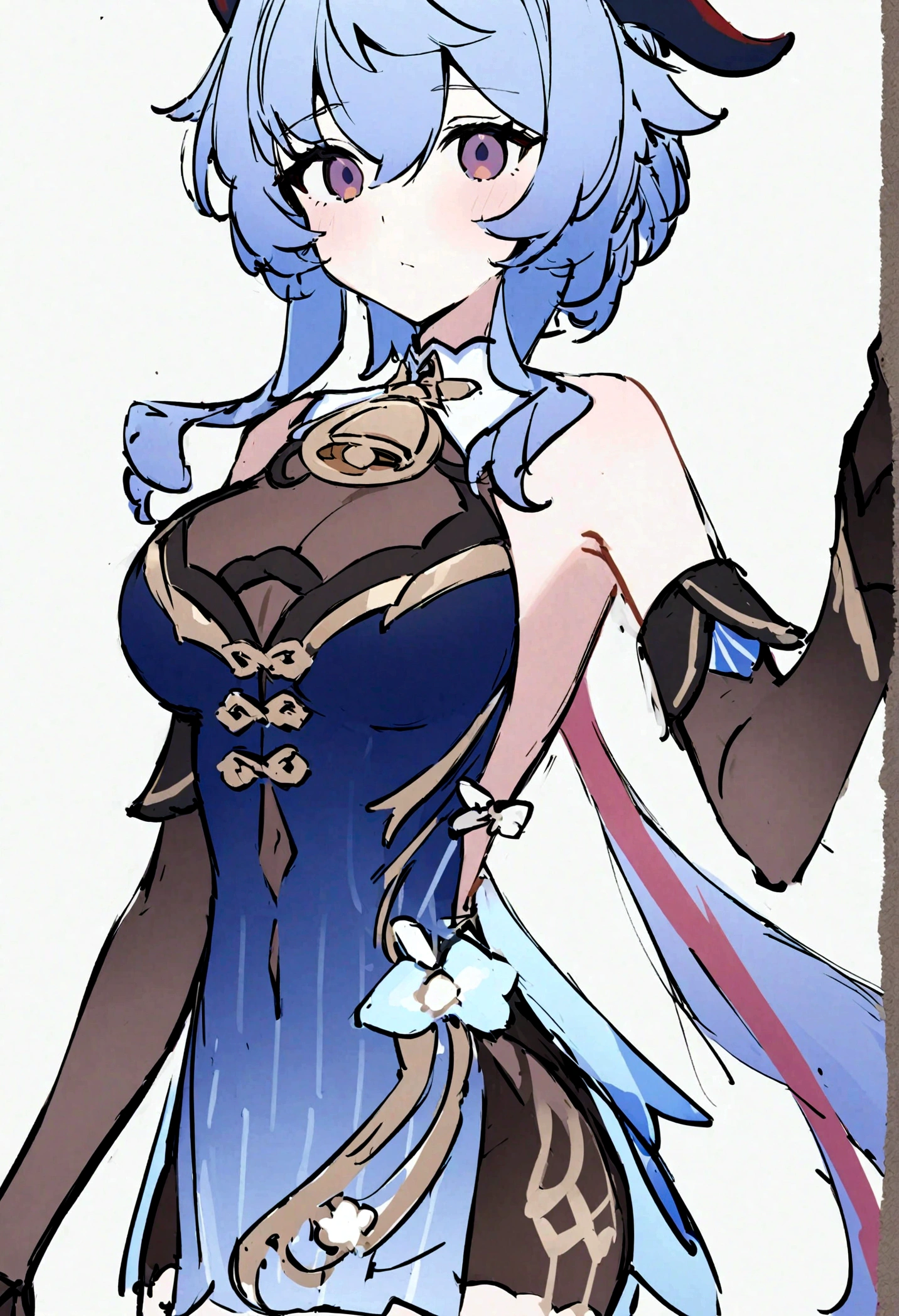 beautiful young girl, Blue hair,ganyu \(genshin impact\), 1girl, solo, sblack gloves, bare shoulders, breasts, elbow gloves, sketch, neck bell, blue dress, alternate costume, detached sleeves,
