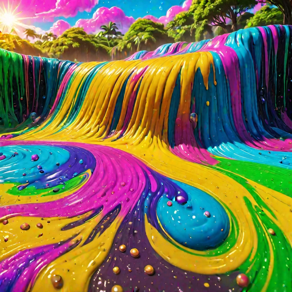 (masterpiece, best quality:1.2), rainbowslime, (a big river filled with thick sticky colorful slime), sunshine, tropical trees, blue sky, colorful bubbles, colorful slime, sticky colorful slime, colorful bubbles in the air, big falls of colorful sticky slime, giant puddles of sticky thick colorful slime, big waves of sticky thick colorful slime, sticky thick colorful bubbles in the air, beautiful art, amazing art, superb quality, fantasy, dreamy, magical, (liquid is colorful thick slime), (spray is colorful sticky thick slime)