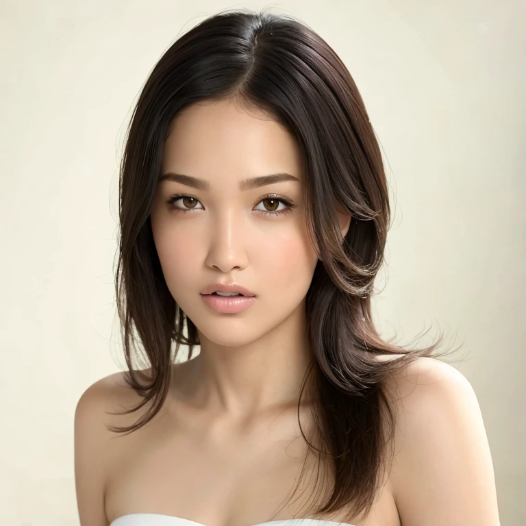 (highest quality, 8k, 32k, masterpiece), (Realistic), (Photorealistic:1.2), (High resolution), Very detailed, Very beautiful face and eyes, 1girl, Delicate body, (close, highest quality, Attention to detail, Rich skin detail), (highest quality, 8k), Very detailed, (Realistic, Realistic:1.37), Bright colors, (((Bust Shot))), (((Pure white wall background))), (((Look straight ahead)))