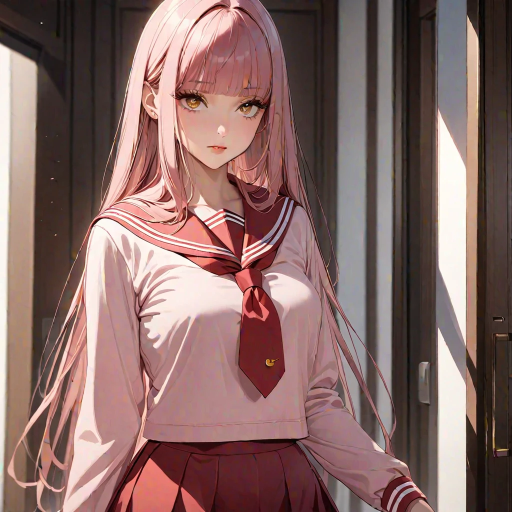 masterpiece,、best quality、cowboy shot, anime, 1-girl,、Lady、hot pink hair、Straight Hair、blunt bangs, Yellow ribbon、Long Hair、Brown eyes、Upper eyelashes、Lower eyelashes、 red sailor uniform, PINK blouse、Long sleeve、The sailor collar is red, The sailor collar stripe is yellow, Blue tie,、red skirt、Elegant、