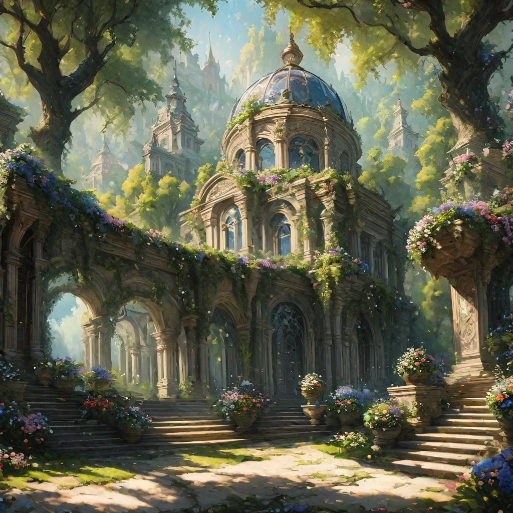 (masterpiece:1.3),(highest quality:1.4),(ultra detailed:1.5),High resolution,extremely detailed,unity 8k wallpaper,landscape,rococo style building,flowers and trees