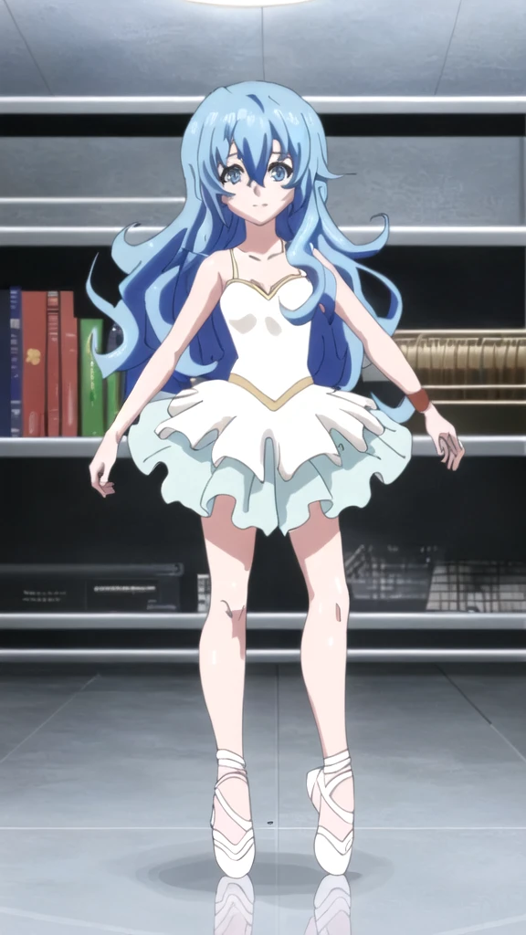Shiitono,high resolution,high quality,High resolution,(Anime Style),Beautiful images,Clear images,(Cute Girls),(1 girl),(Petite figure,low length,Lori),whole body(from head to toe), Blue Hair, blue eyes, Long Hair, Hair between the eyes, bangs,( ballerina),indoor