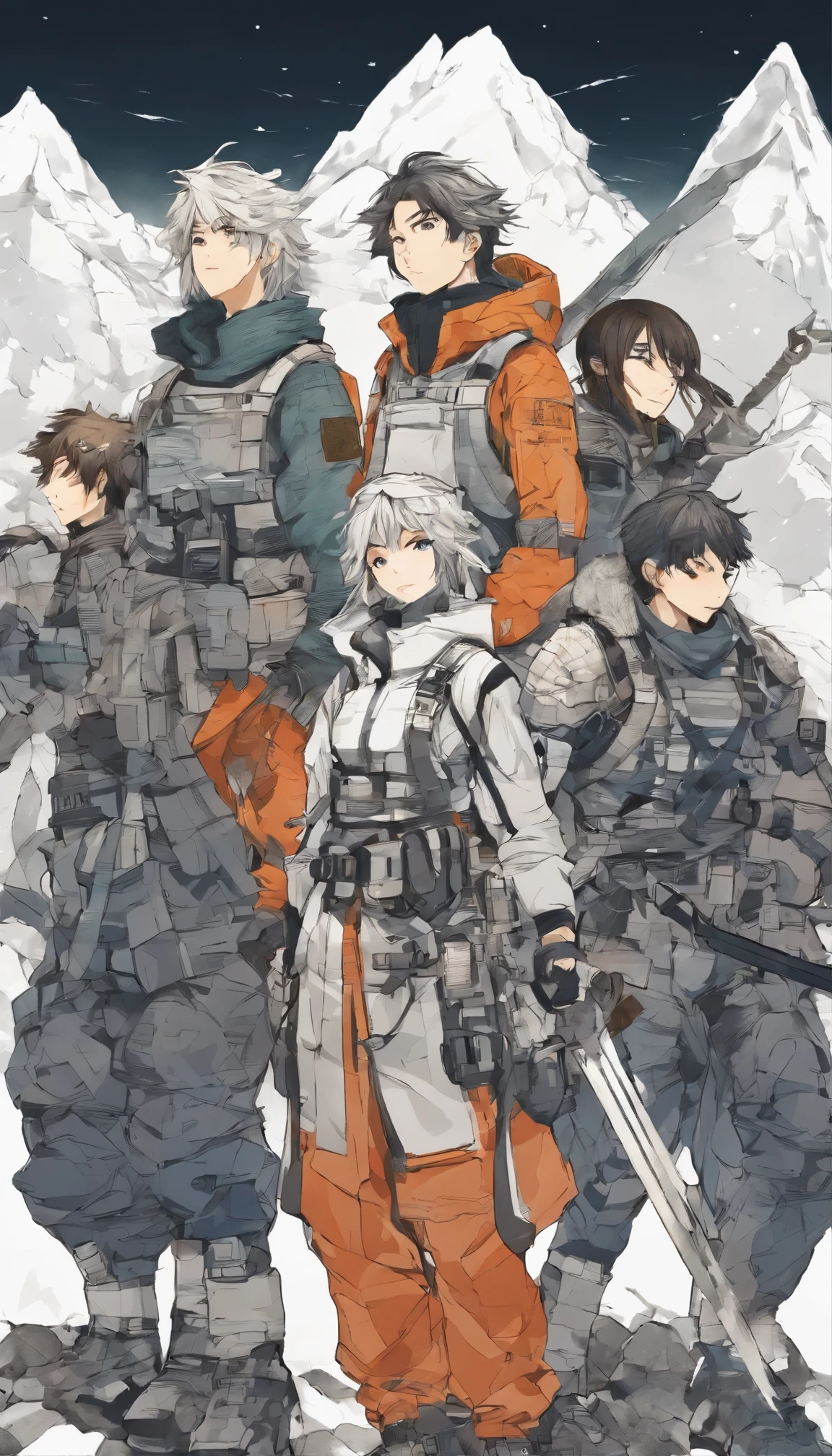 A group of determined adventurers, dressed in rugged gear, standing together with weapons drawn, showing their resolve to enter the dungeon