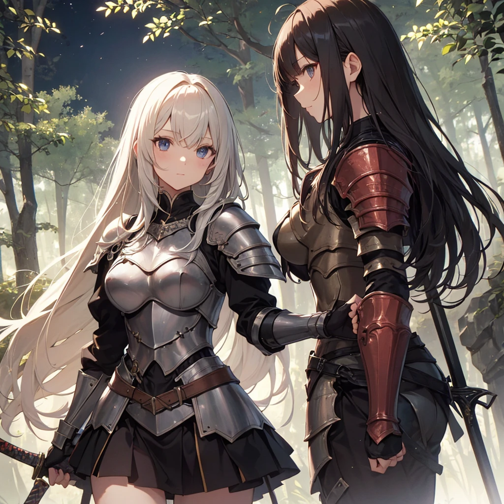 A group of female knight, (in forest), various hair styles, harem, wearing armored clothes, metal armor, night, details face, , short skirt, seducing, sword